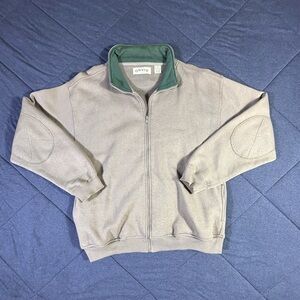 Orvis Full Zip Up Sweatshirt Tan & Green With Elbow Patches Men’s Medium Preppy